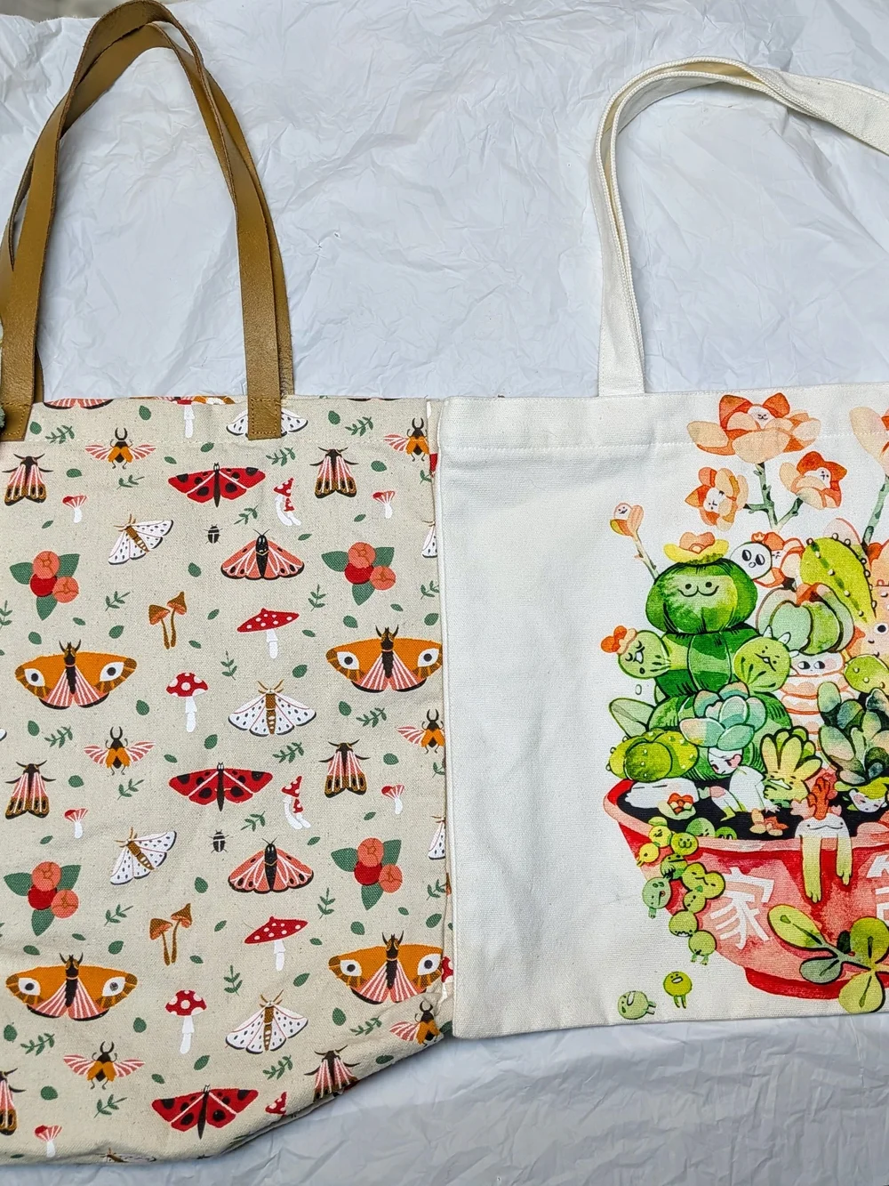 Cute Moth & Succulent Canvas Tote Bag Duo - Beige, White, Green, Tan, Red